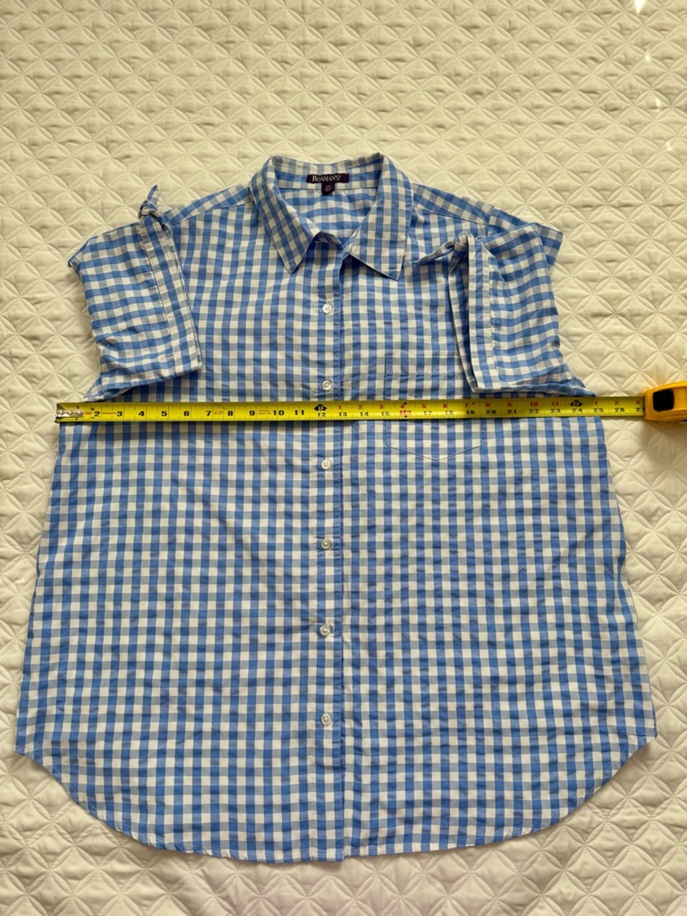 Roaman's Blue White Gingham Check Button-Down Tie Short Sleeve Shirt Size 18W - Picture 5 of 15